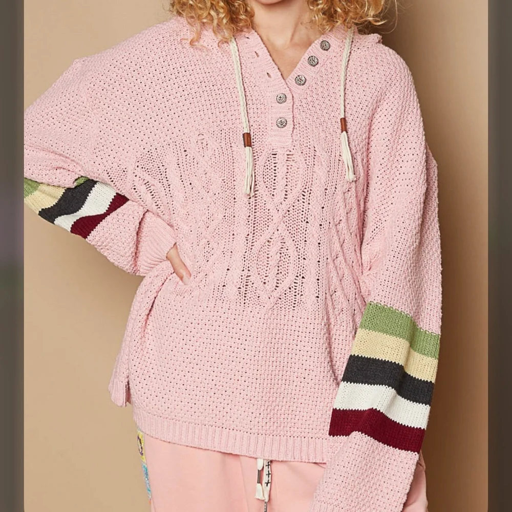 17. POL OVERSIZED Boho Planket Hoodie Balloon sleeve knit Raspberry
